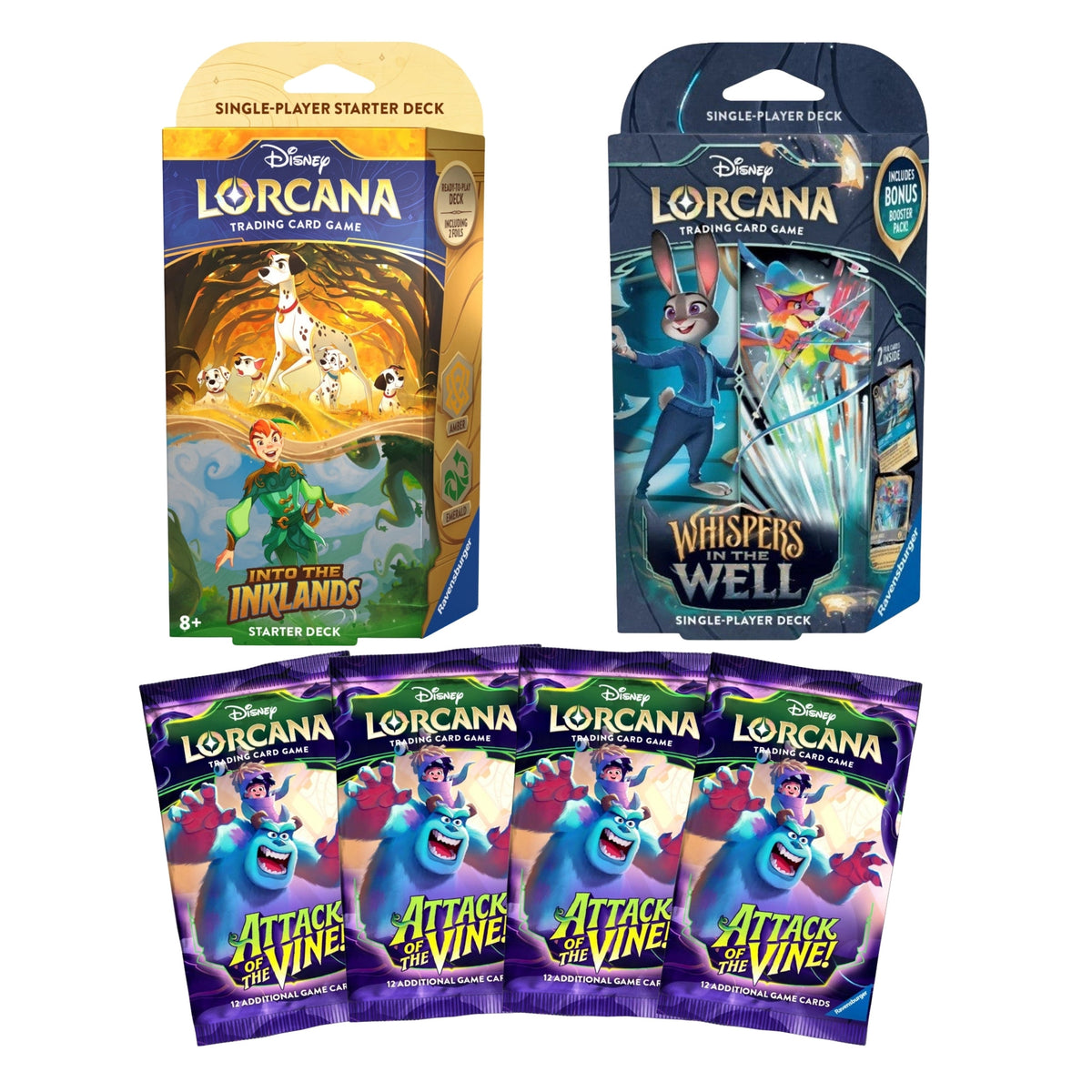 Bundle Disney Lorcana para 2 jogadores com starter decks Into the Inklands e Whispers in the Well e 4 boosters Attack of the Vine!