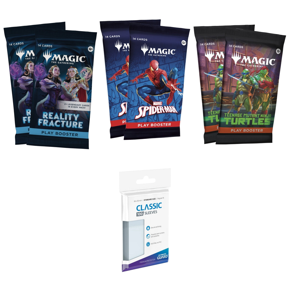 Bundle Magic: The Gathering Pack Descoberta com 2 Play Boosters Reality Fracture, 2 Marvel's Spider-Man, 2 Teenage Mutant Ninja Turtles e Ultimate Guard Classic Soft Sleeves