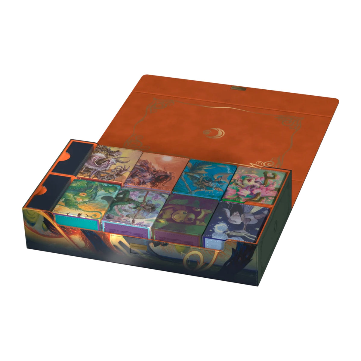 Deck box Ultimate Guard Omnihive 1000+ Xenoskin Magic: The Gathering Lorwyn Eclipsed, Celestial Reunion, aberta com cartas, outro ângulo