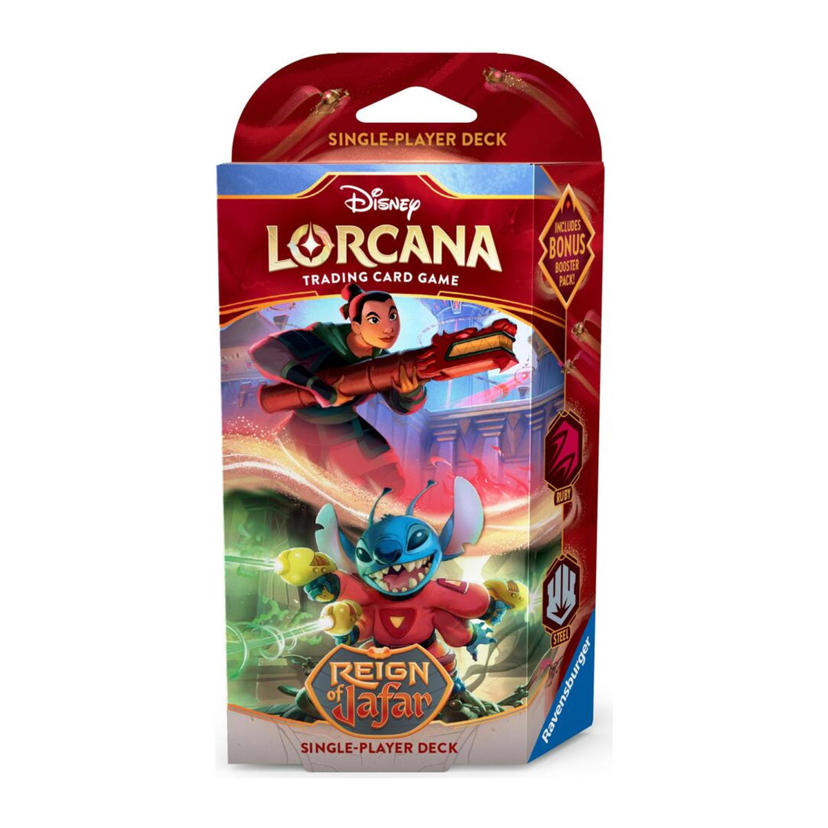 Disney Lorcana Reign of Jafar Starter Deck em inglês, deck das tintas Ruby e Steel