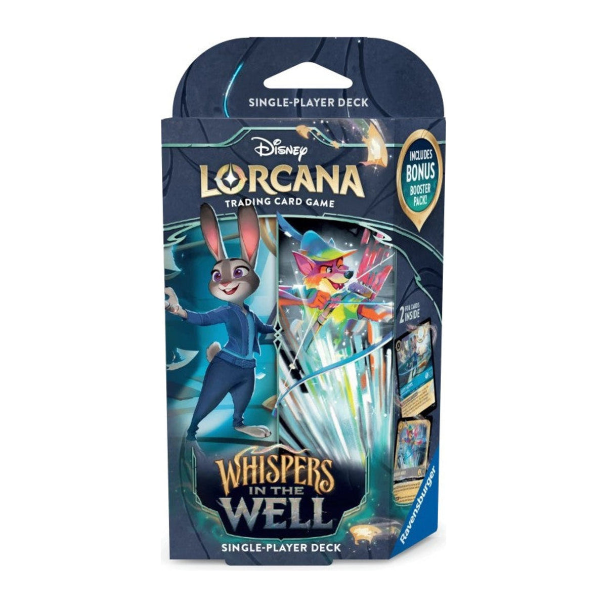 Disney Lorcana Whispers in the Well Starter Deck em inglês, deck das tintas Sapphire e Steel