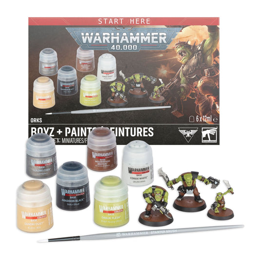 Warhammer 40.000: Orks Boyz + Paints Set, conteúdo com miniaturas, tintas e pincel