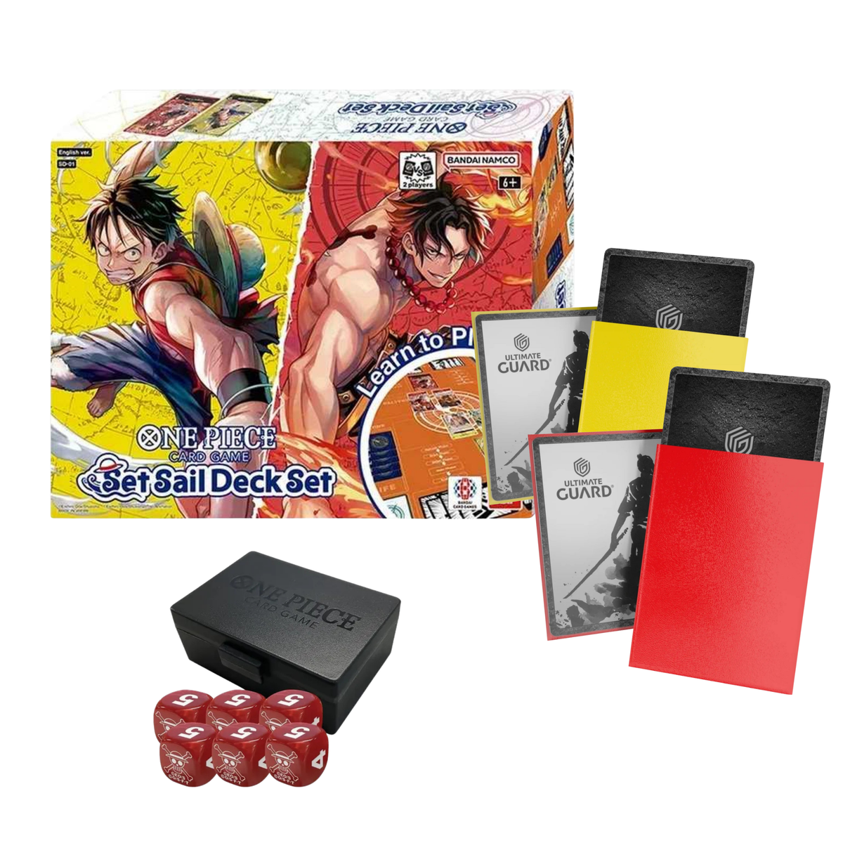 Bundle One Piece Card Game Set Sail SD-01 com sleeves Ultimate Guard vermelhas e amarelas e 6 dados oficiais com caixa