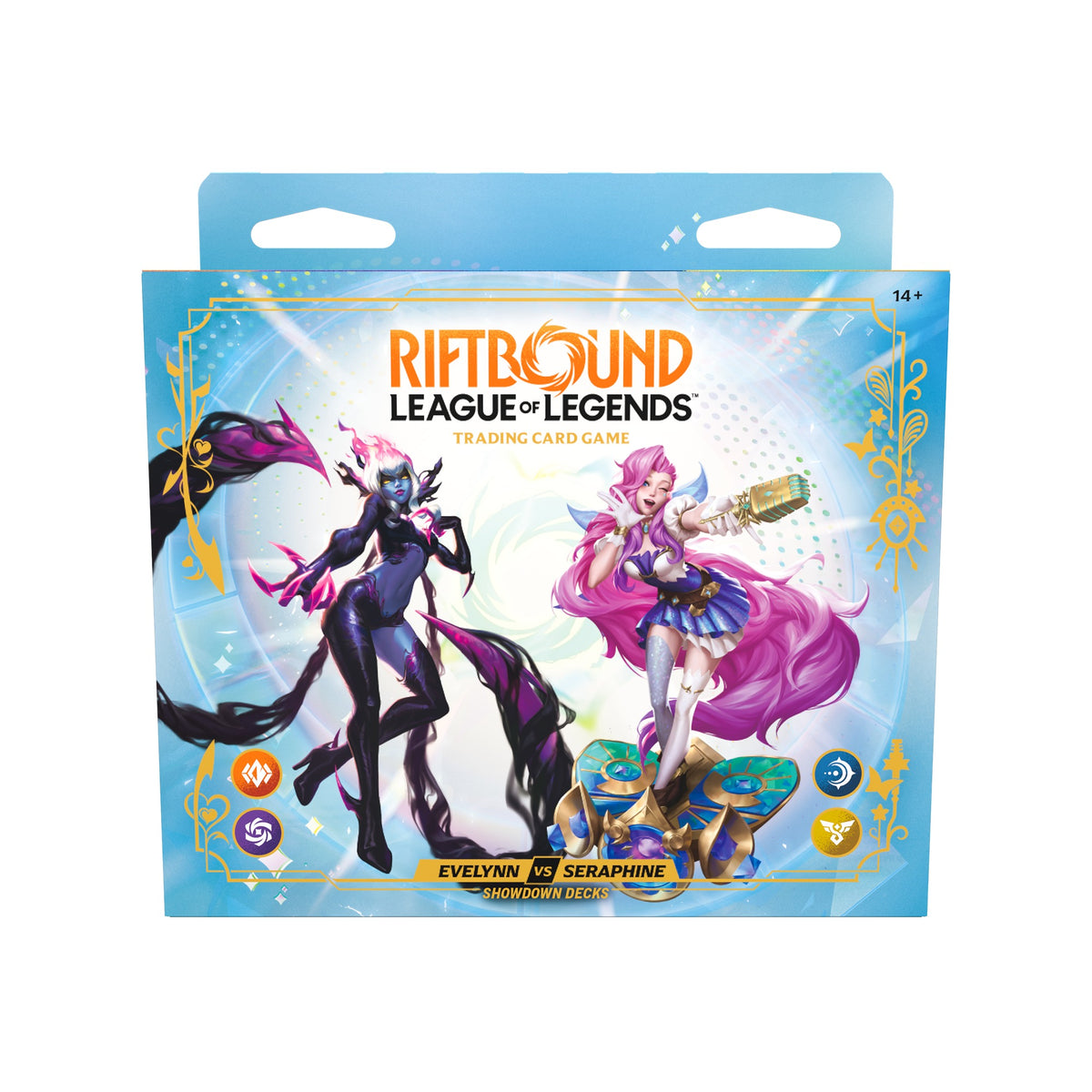 Showdown Deck Riftbound Radiance Evelynn contra Seraphine em inglês, caixa