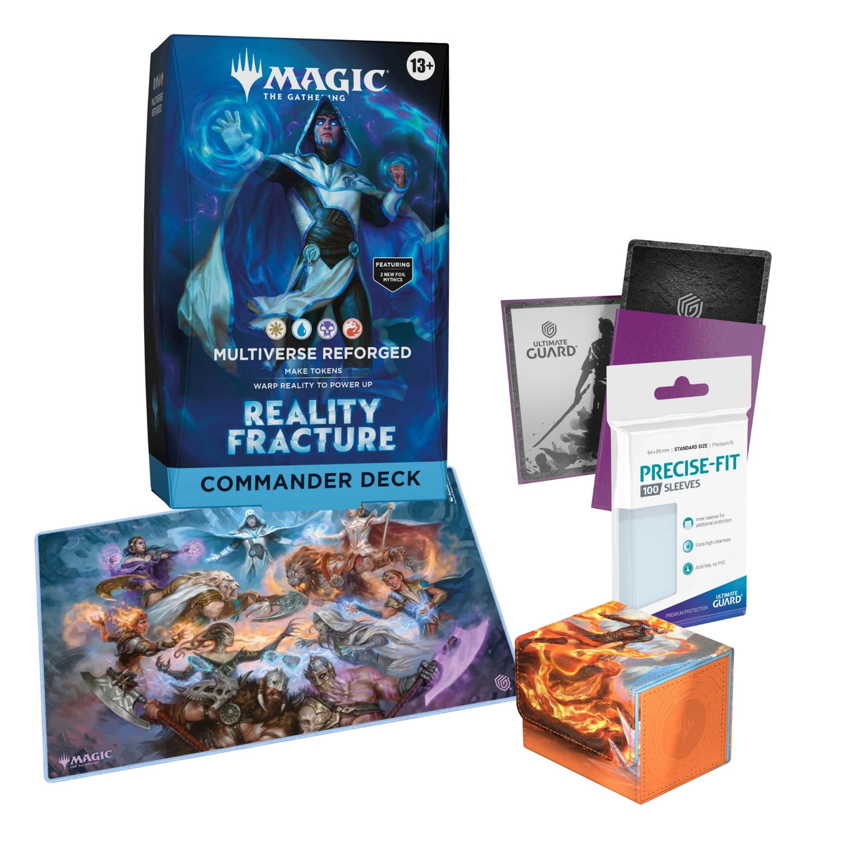 Bundle Magic: The Gathering Reality Fracture Commander Deck com deck box Ultimate Guard Sidewinder 100+, Cortex Sleeves Matte, Precise-Fit Sleeves e playmat Reality Fracture