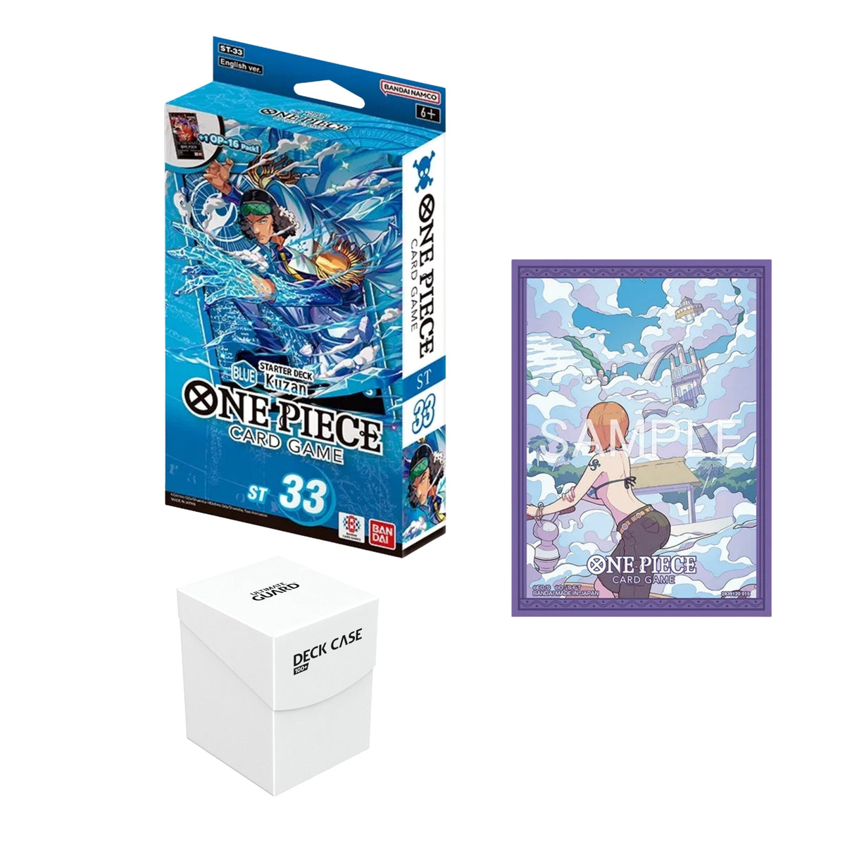 Bundle One Piece Card Game Starter Deck ST-33 Blue Kuzan com sleeves oficiais Vol.7 e Ultimate Guard Deck Case 100+