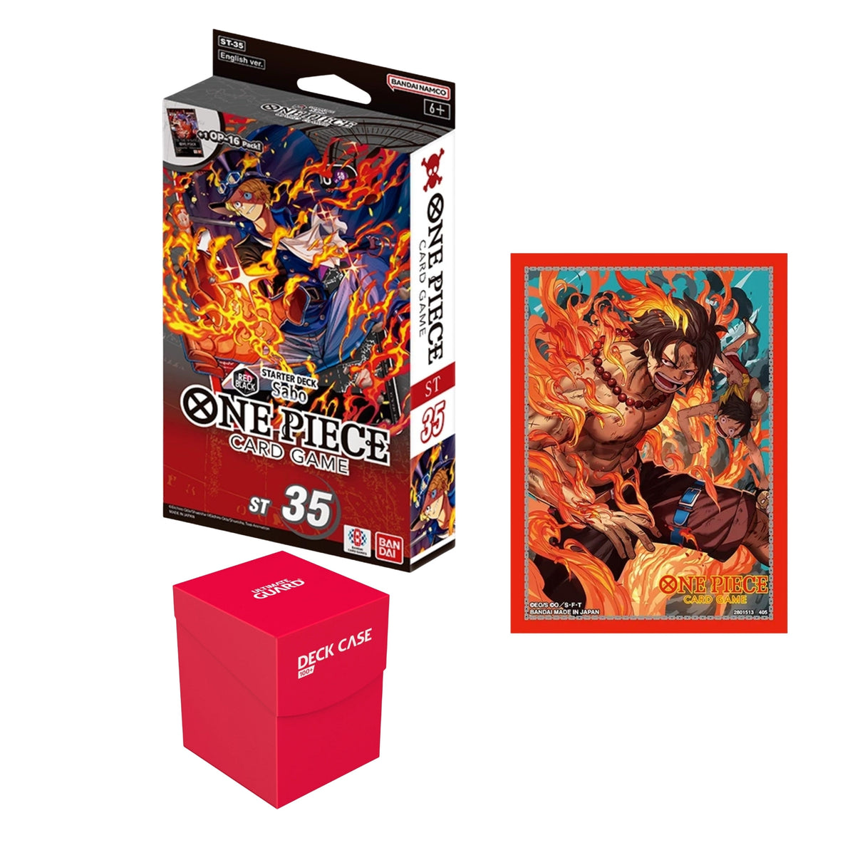 Bundle One Piece Card Game Starter Deck ST-35 Red/Black Sabo com sleeves oficiais Vol.5 e Ultimate Guard Deck Case 100+