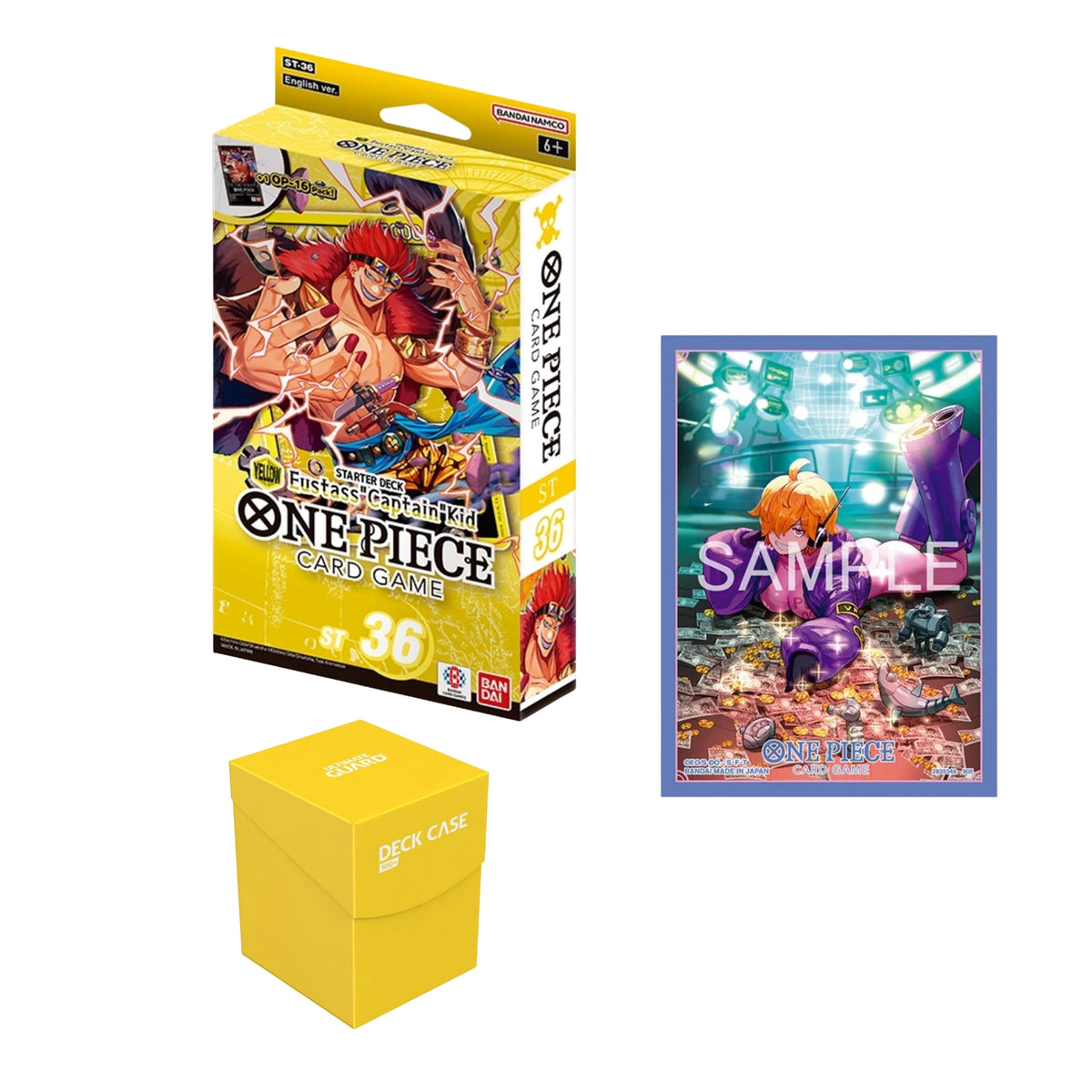 Bundle One Piece Card Game Starter Deck ST-36 Yellow Eustass Kid com sleeves oficiais Vol.6 e Ultimate Guard Deck Case 100+