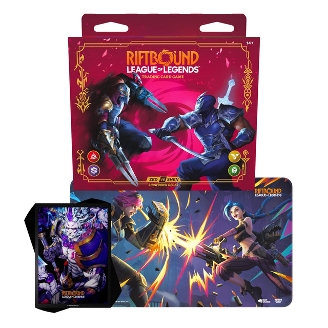 Bundle Riftbound Vendetta Showdown Decks Zed vs Shen com playmat Vendetta e sleeves Spirit Blossom