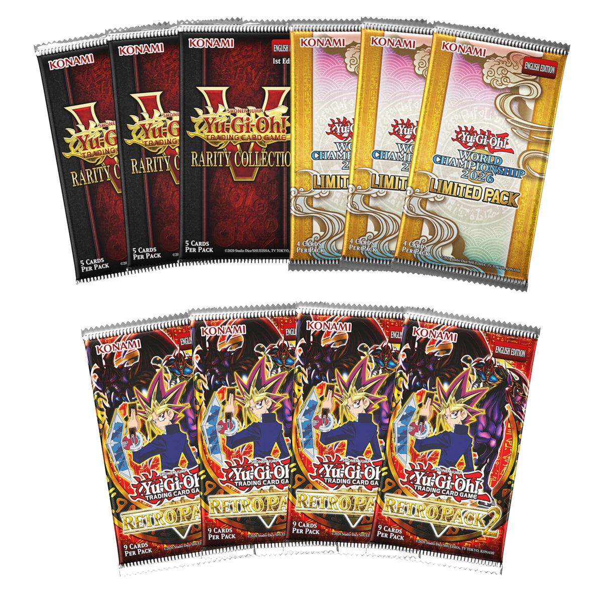 Bundle Yu-Gi-Oh! com 10 boosters: 3 Rarity Collection V, 3 World Championship 2026 Limited Pack e 4 Retro Pack 2