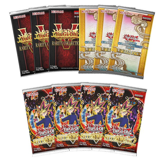 Bundle Yu-Gi-Oh! com 10 boosters: 3 Rarity Collection V, 3 World Championship 2026 Limited Pack e 4 Retro Pack 2