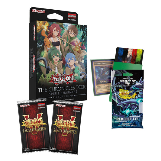 Bundle Yu-Gi-Oh! The Chronicles Deck Spirit Charmers com 2 boosters Rarity Collection V, Dragon Shield Perfect Fit e Ultimate Guard Cortex Sleeves Japanese Size