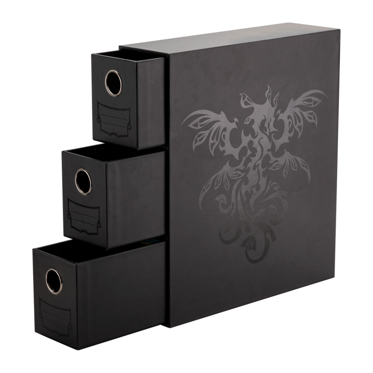 Deck box Dragon Shield Fortress Card Drawers Black, com gavetas abertas