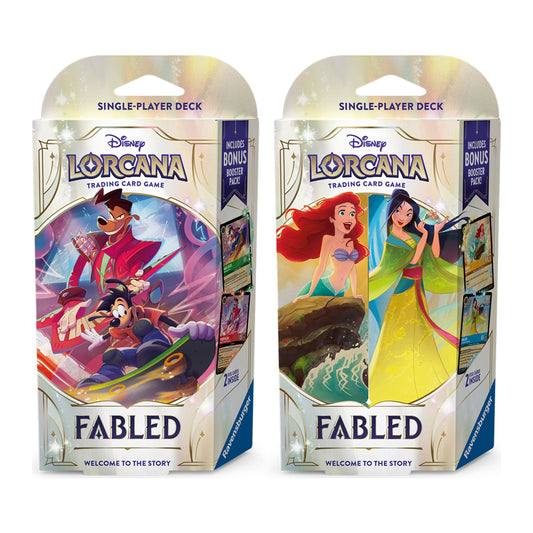 Disney Lorcana Fabled Starter Deck em inglês, deck das tintas Amber e Sapphire