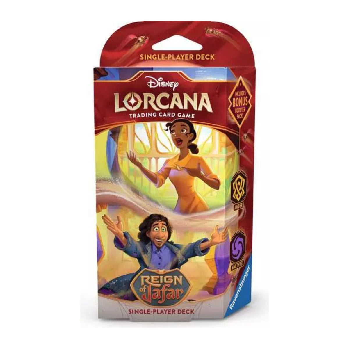 Disney Lorcana Reign of Jafar Starter Deck em inglês, deck das tintas Amber e Amethyst