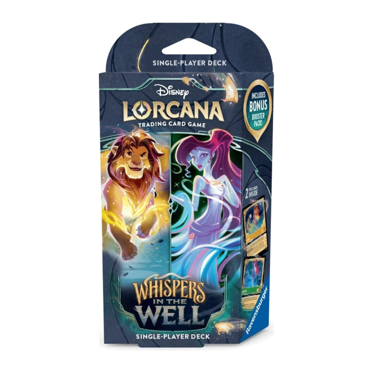 Disney Lorcana Whispers in the Well Starter Deck em inglês, deck das tintas Amber e Emerald