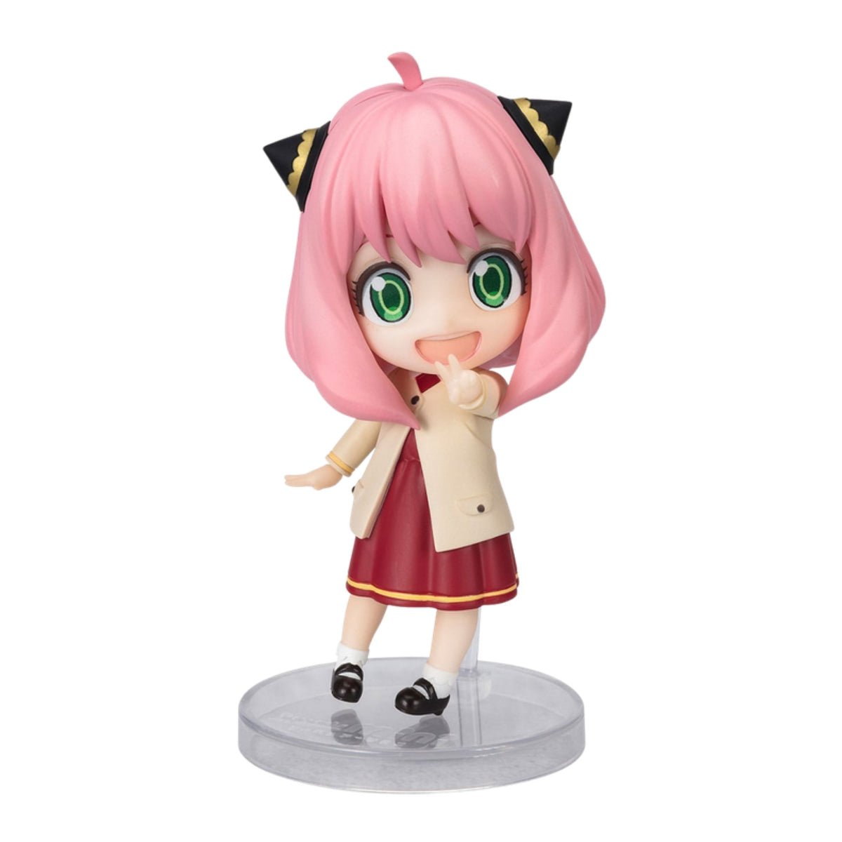 Figura Anya Forger Figuarts mini com roupa Odekeke 8 cm de Spy x Family, vista de frente com base transparente