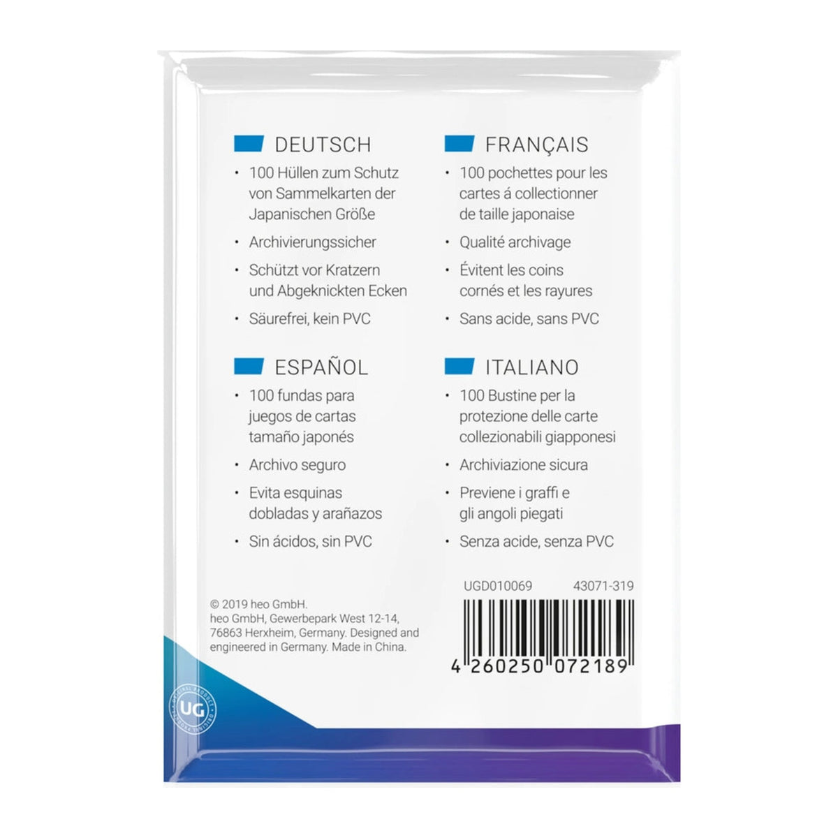 Ultimate Guard Classic Soft Sleeves Transparent (100), verso da embalagem