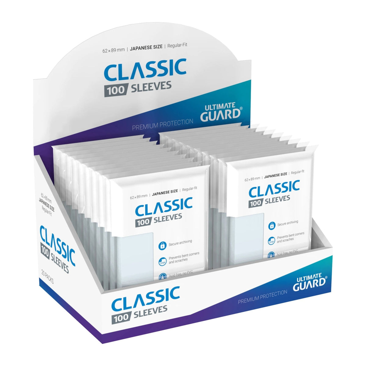 Ultimate Guard Classic Soft Sleeves Transparent (100), caixa expositora com embalagens