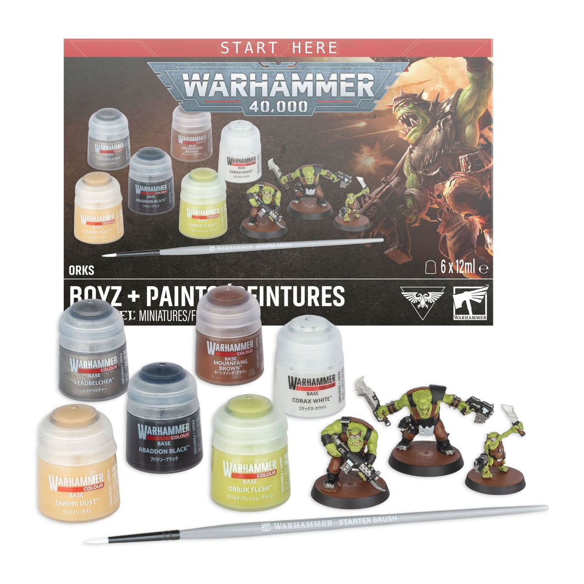 Warhammer 40.000: Orks Boyz + Paints Set, conteúdo com miniaturas, tintas e pincel